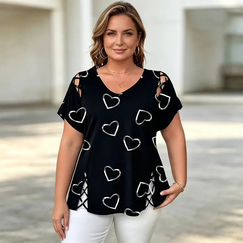 👚【S-5XL】Tricou cu decupaje în formă de inimă și guler în V