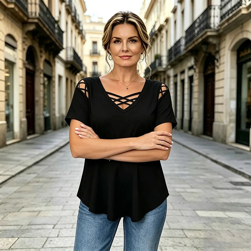 👚 Tricou din bumbac 100% cu decolteu în V